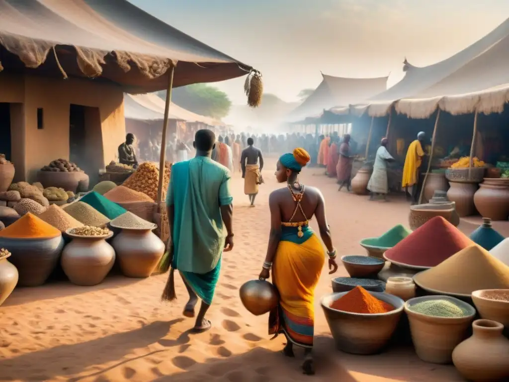 Un bullicioso mercado en la antigua África, con comerciantes de diferentes civilizaciones intercambiando especias, textiles y cerámica