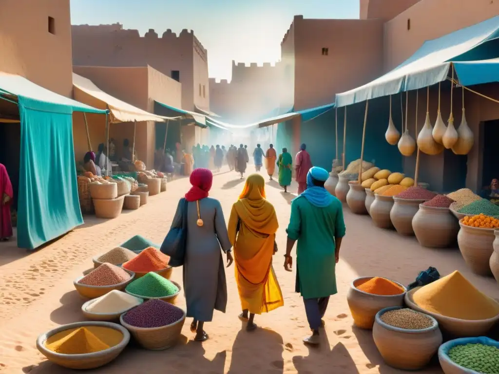 Mercado vibrante en Timbuktu: colores, texturas y cultura africana Un bullicioso mercado en la antigua Timbuctú, con productos africanos y gente vestida tradicionalmente