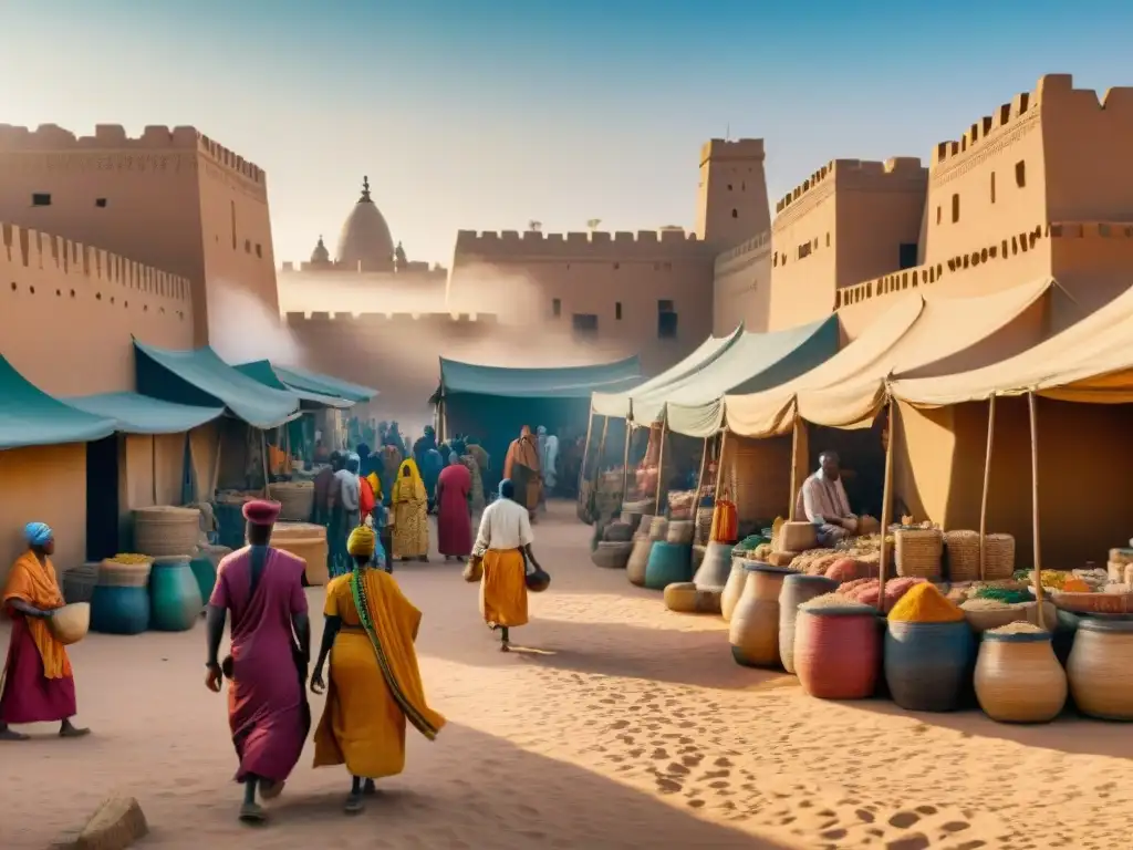 Un bullicioso mercado en la antigua Timbuktú, resaltando colores vibrantes y artesanía detallada de civilizaciones ancestrales de África