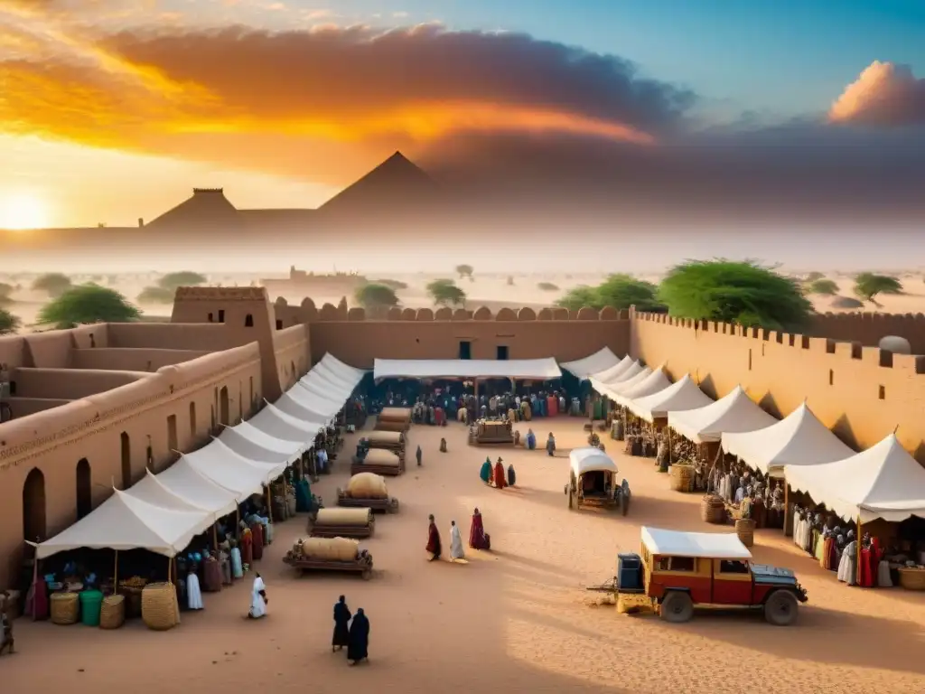 Un bullicioso mercado en la antigua Timbuktu, con comerciantes africanos intercambiando oro, marfil y textiles bajo el sol