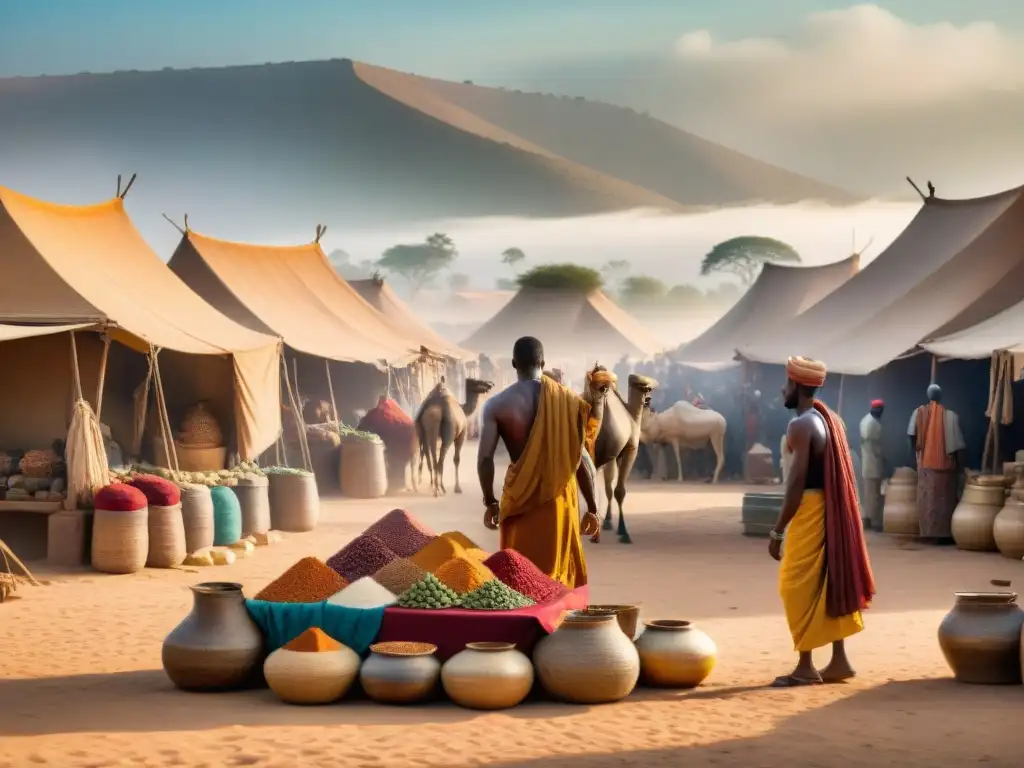 Un bullicioso mercado en la antigua África, vibrante actividad de comerciantes en guerras comercio precolonial Africa