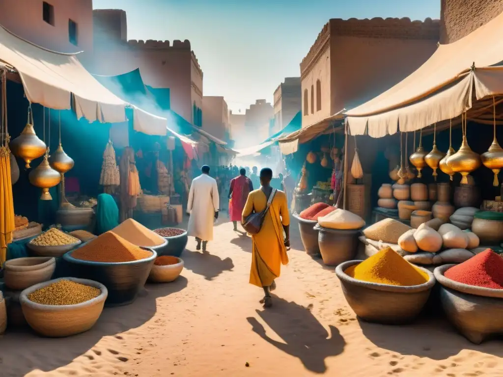 Un bullicioso mercado antiguo africano en la Ruta del Oro Imperios, donde culturas comercian bajo el sol