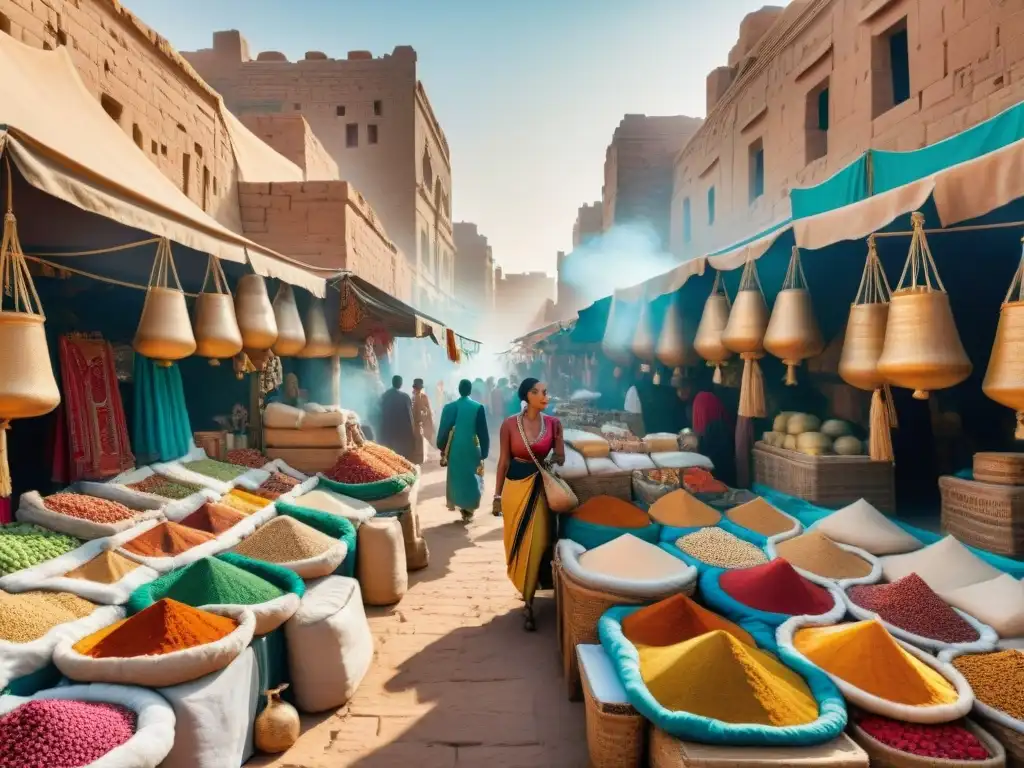 Un bullicioso mercado antiguo en Egipto o Nubia, con especias y perfumes exóticos