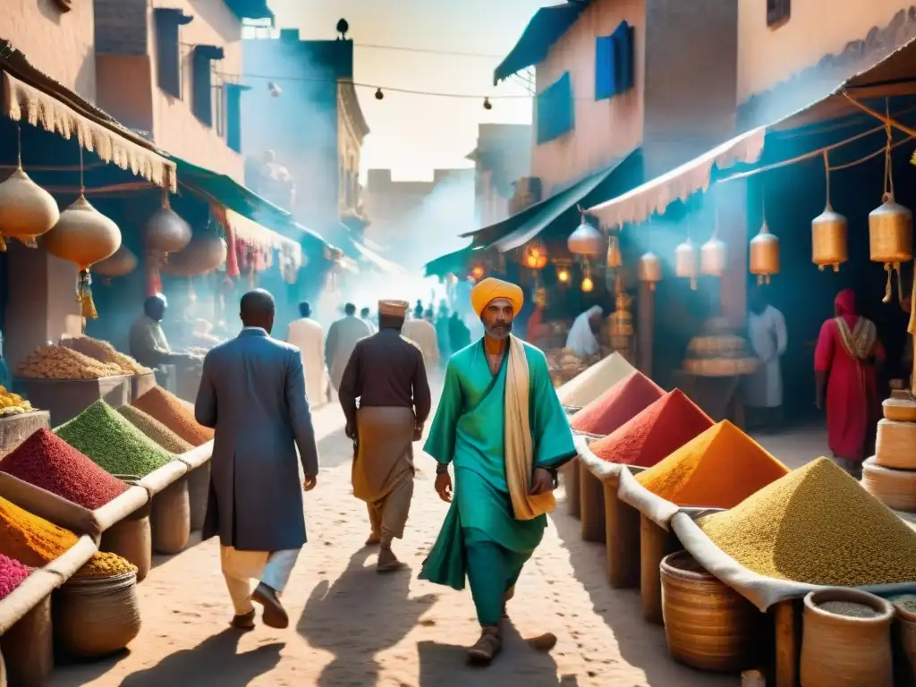 Un bullicioso mercado antiguo en la Ruta del Incienso en África, con comerciantes y camellos entre colores vibrantes