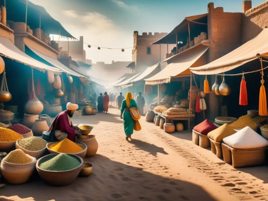 Un bullicioso mercado en los antiguos imperios sahelianos, con vibrantes colores y comercio entre mercaderes bajo el sol abrasador