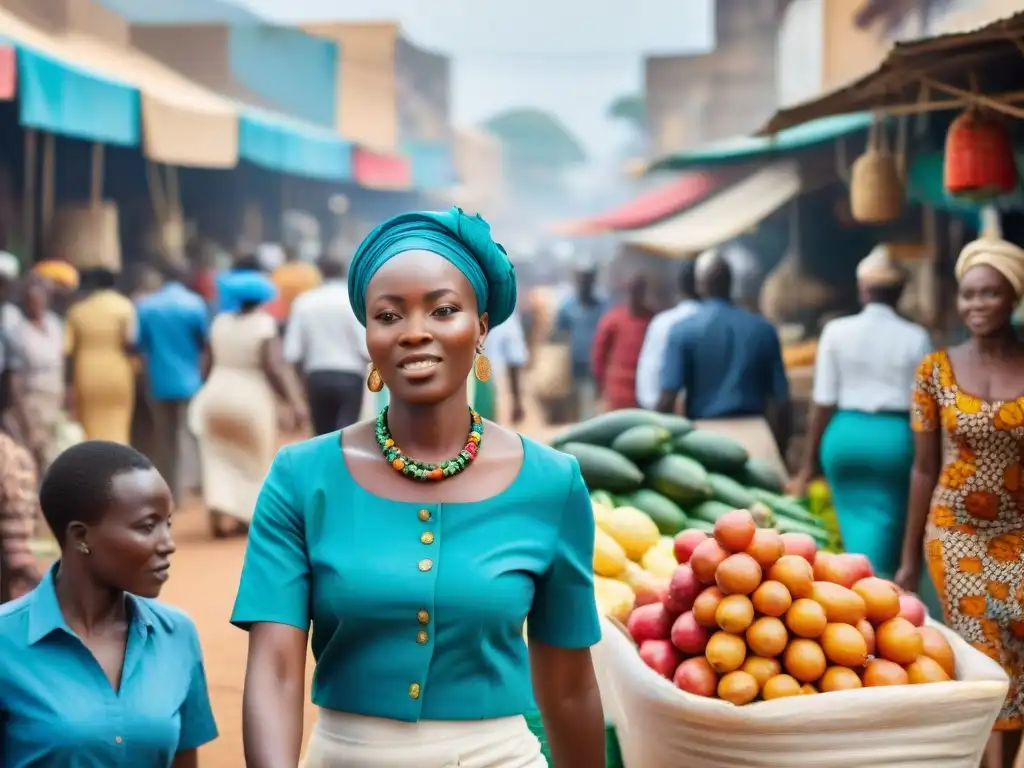 Un bullicioso mercado callejero en una ciudad africana, reflejando la riqueza cultural y económica de África