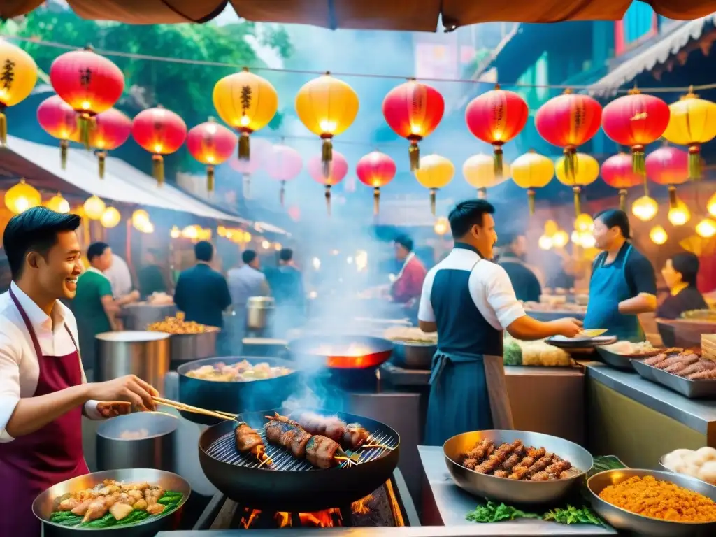 Un bullicioso mercado callejero de comida en Asia con influencia culinaria africana, lleno de sabores y colores vibrantes