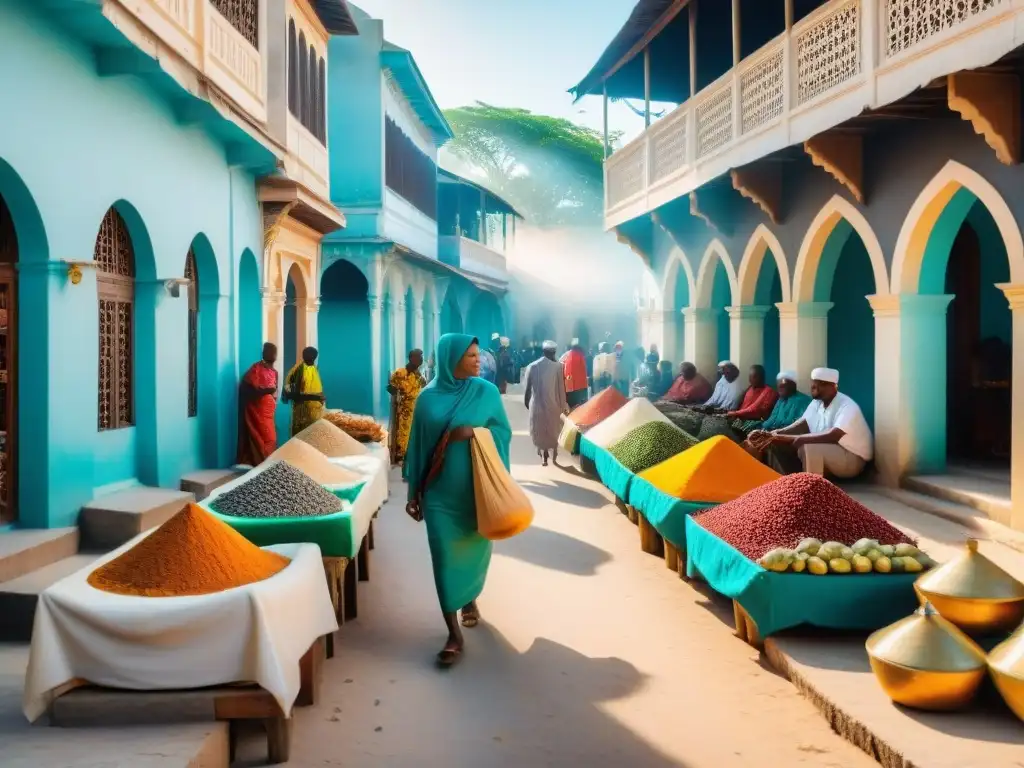 Un bullicioso mercado callejero en Stone Town, Zanzíbar, lleno de colores y cultura