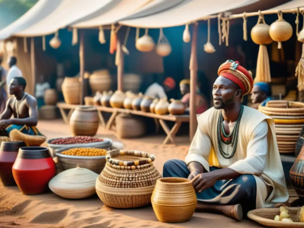 Un bullicioso mercado en una ciudad africana precolonial, muestra comercio de marfil y diversidad étnica