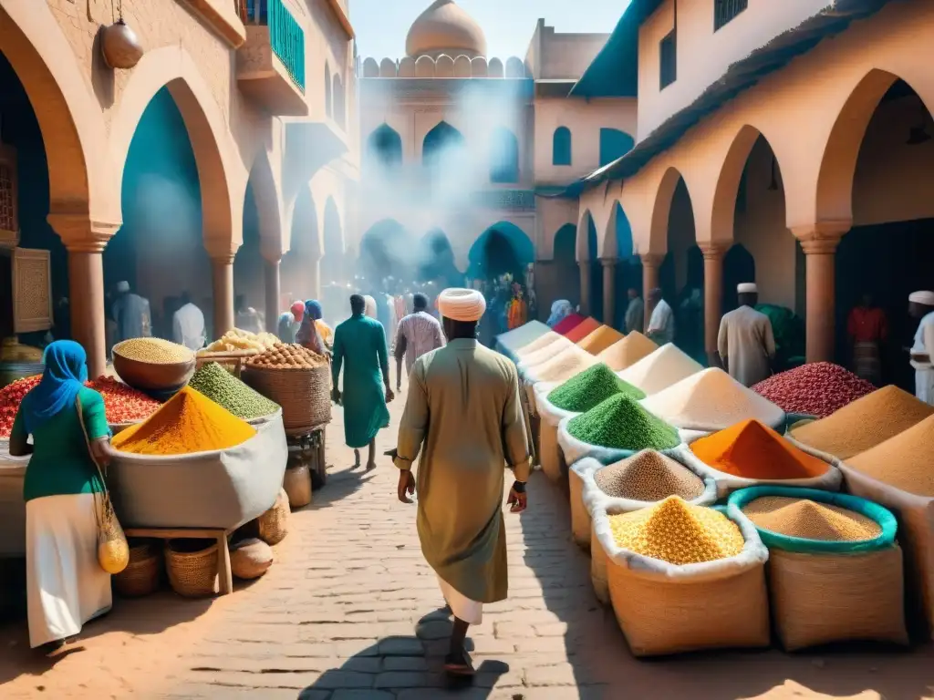 Un bullicioso mercado en una ciudad africana fusionando culturas árabe y africana