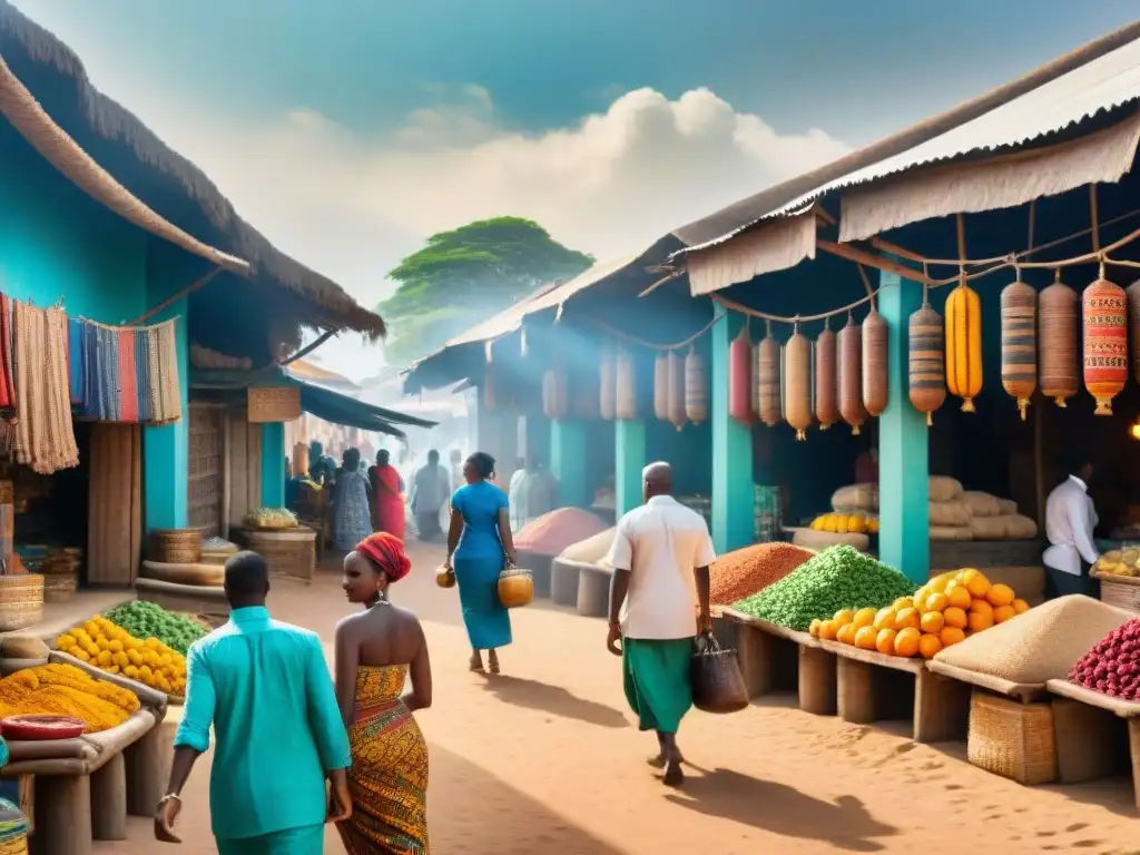 Un bullicioso mercado en una ciudad estado swahili, con colores vibrantes y comercio activo