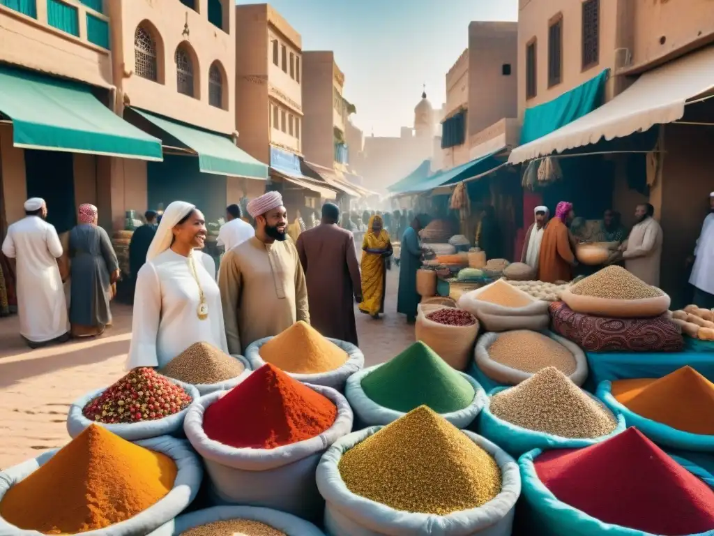 Un bullicioso mercado en una ciudad del Medio Oriente, con influencia cultural de la diáspora africana