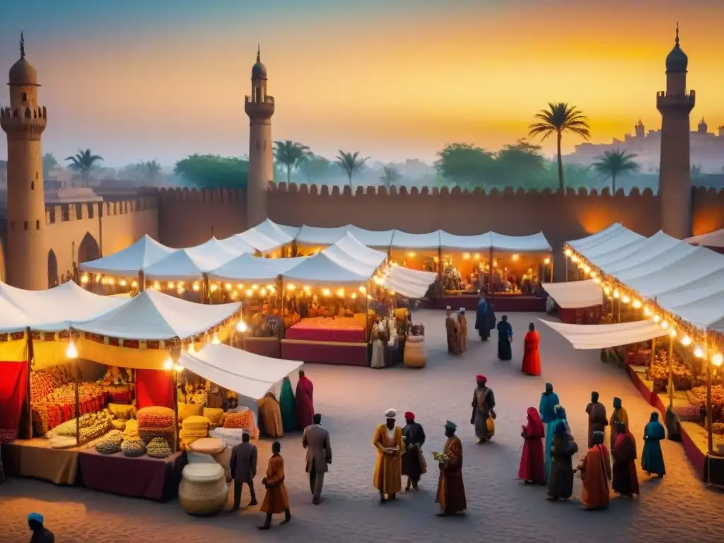 Un bullicioso mercado en una ciudad medieval africana, con comerciantes intercambiando bienes bajo minaretes y tiendas coloridas