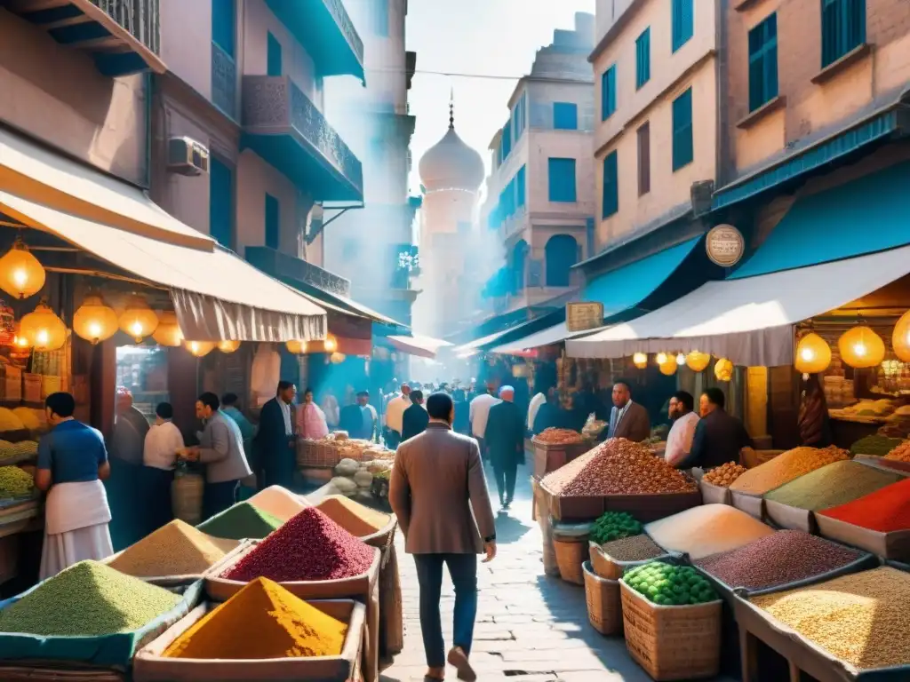 Un bullicioso mercado en El Cairo, con colores vibrantes, detalles intrincados y personas de diferentes culturas