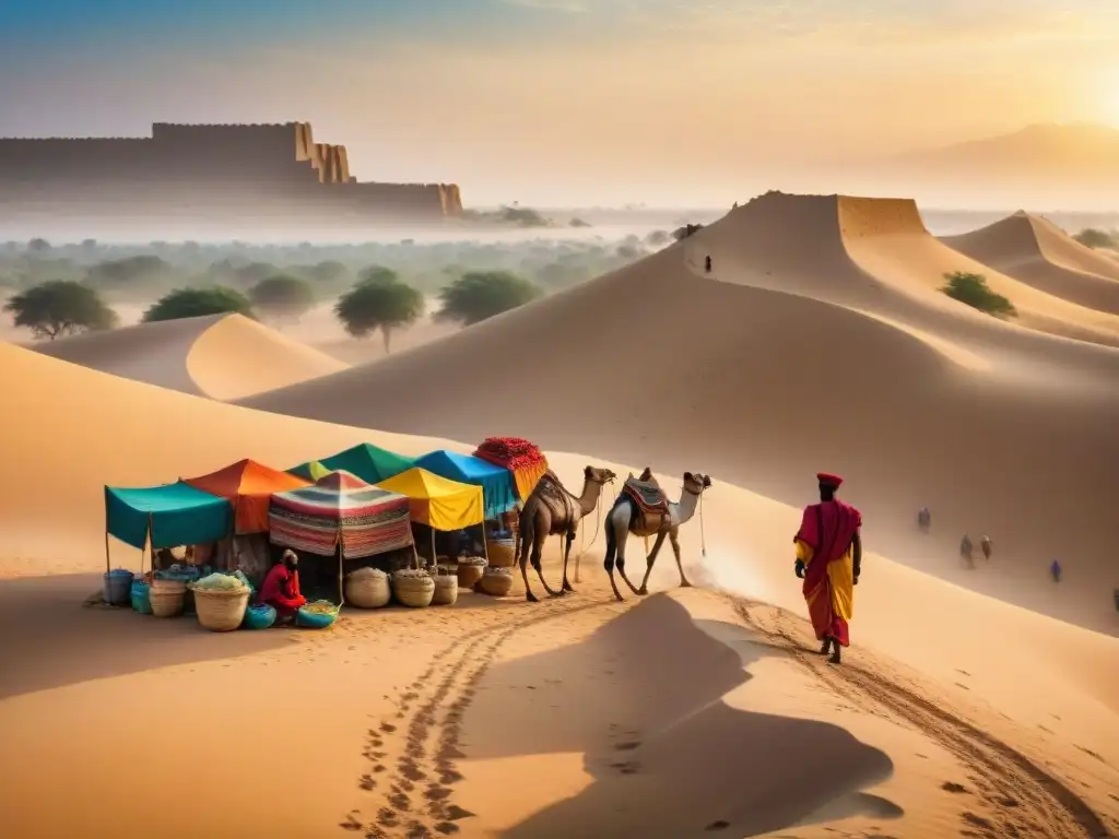 Un bullicioso mercado en el Sahel, con comerciantes de diversas culturas regateando bajo el sol abrasador