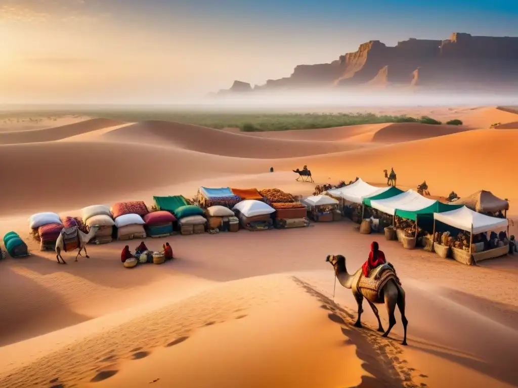 Un bullicioso mercado en el Desierto del Sáhara, con comerciantes de diversas culturas intercambiando bienes bajo un cielo infinito