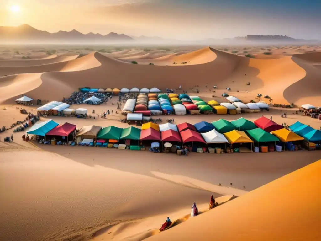 Un bullicioso mercado en el desierto del Sáhara, muestra el comercio transahariano y sus futuras perspectivas