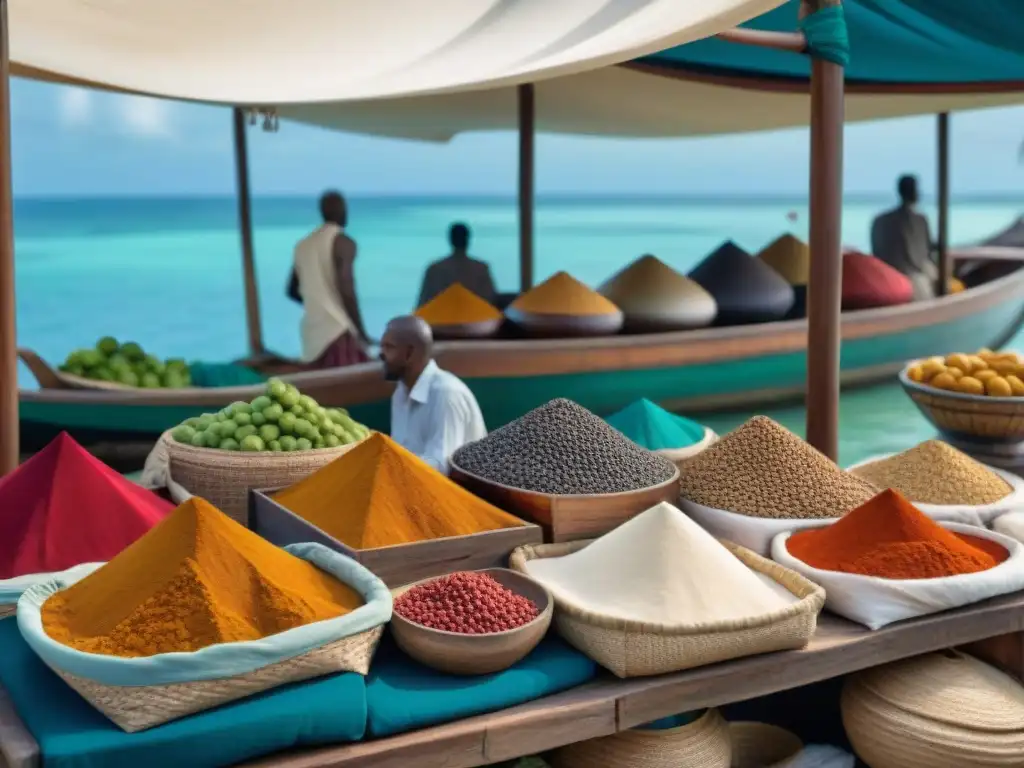 Un bullicioso mercado en Zanzíbar, con una diversidad de productos africanos y asiáticos bajo toldos coloridos