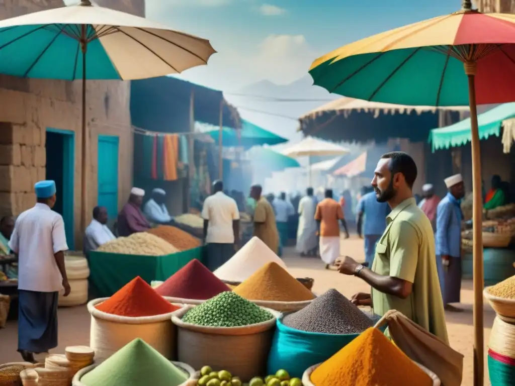 El bullicioso mercado en Djibouti City muestra la influencia India en Cuerno África con colores y textiles vibrantes