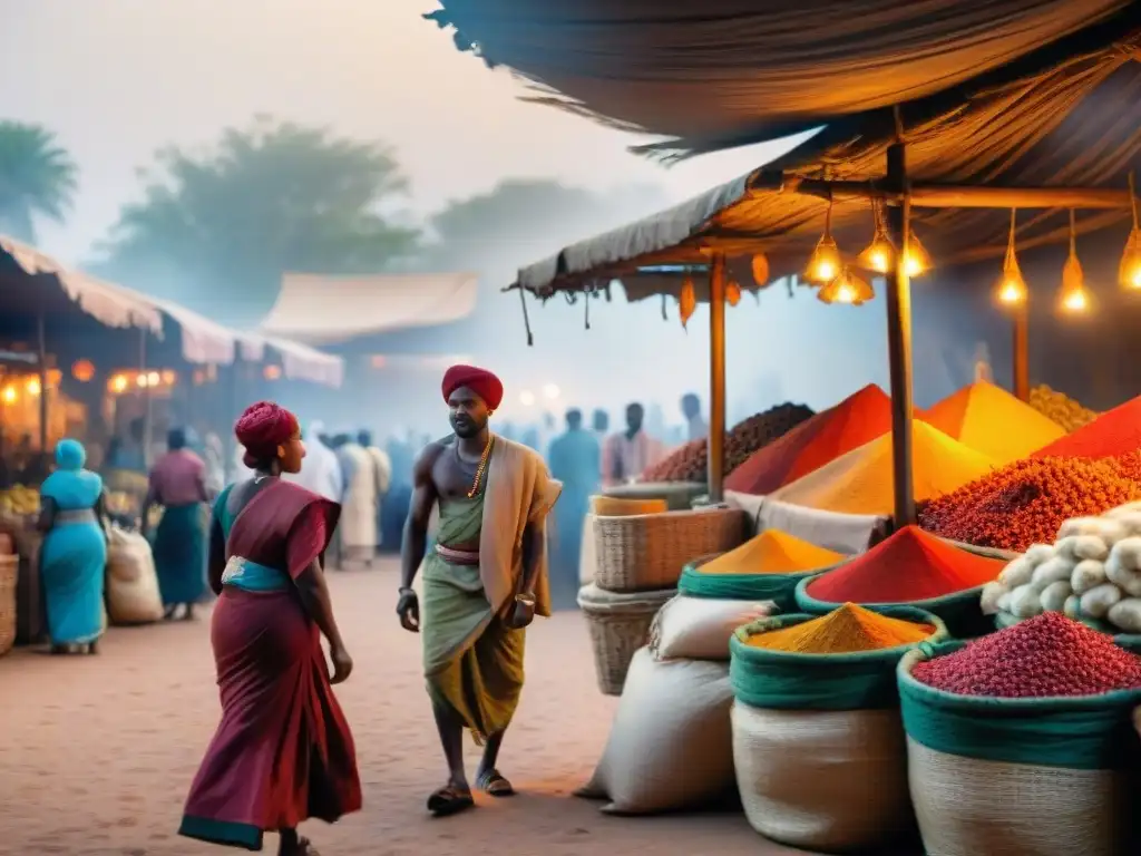 Un bullicioso mercado de especias en África, con colores vibrantes y clientes negociando con vendedores animados bajo un toldo rústico al atardecer