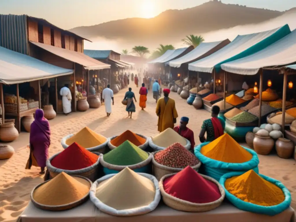 Un bullicioso mercado de especias en un oasis africano, donde el comercio y la cocina se entrelazan en una escena colorida al atardecer