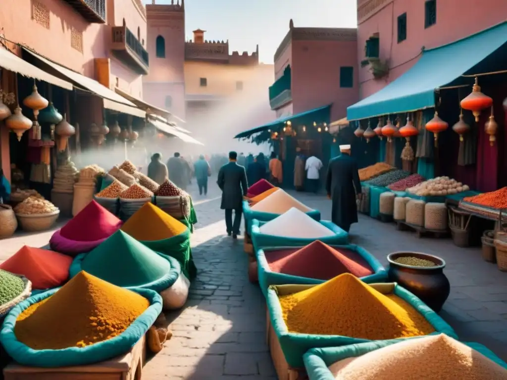 Un bullicioso mercado en Marrakech, Marruecos, lleno de colores y productos tradicionales, reflejando la rica cultura de los mercados africanos