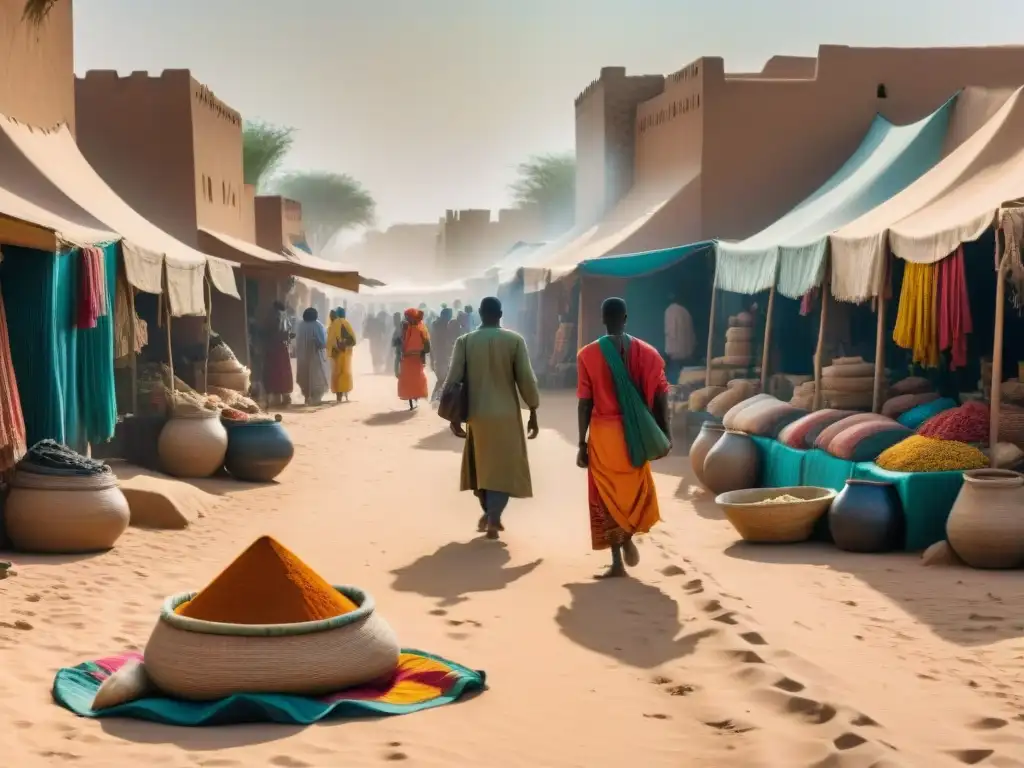 Un bullicioso mercado en Timbuktu, Mali, reflejando la influencia global de las redes comerciales africanas