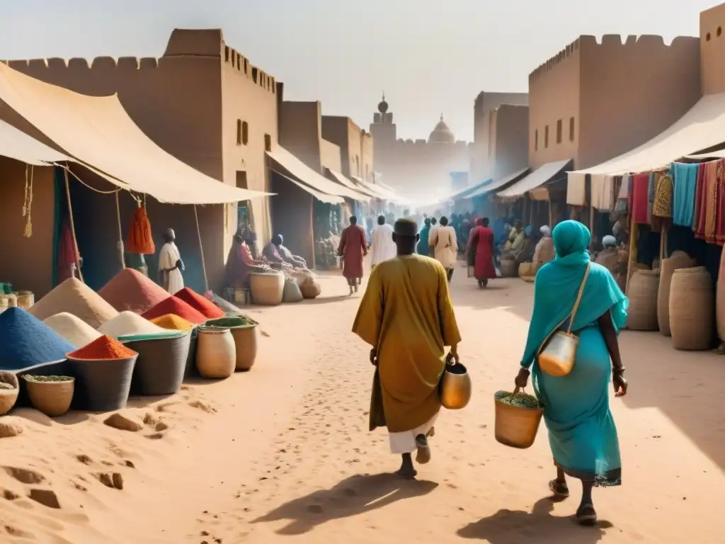 Un bullicioso mercado en Timbuktú, Mali, reflejando la rica historia comercial de la ciudad bajo el sol africano