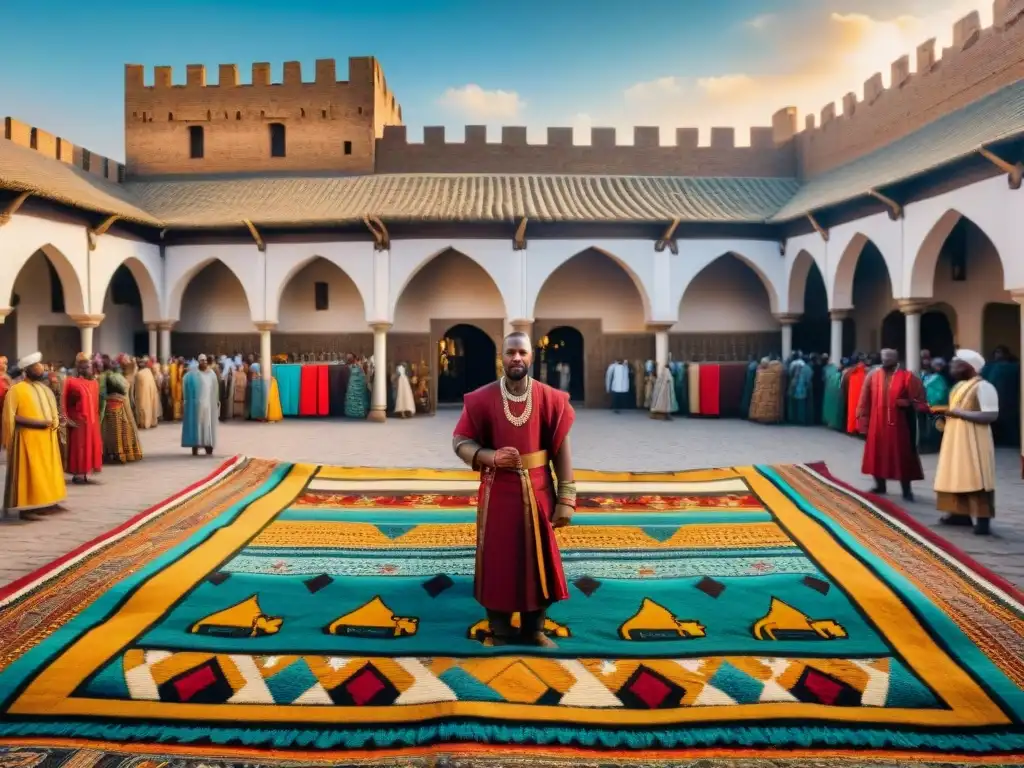 Un bullicioso mercado medieval en una antigua ciudad africana, reflejando relaciones diplomáticas entre África y Asia