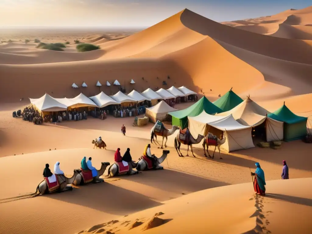 Un bullicioso mercado medieval en el desierto del Sáhara, con comerciantes del Comercio Transahariano negociando bajo el sol abrasador