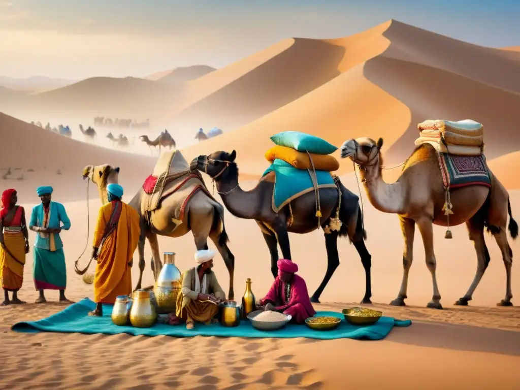Mercado vibrante en oasis sahariano: comercio entre reinos africanos El bullicioso mercado del oasis del desierto del Sáhara muestra el intercambio de monedas entre comerciantes africanos, resaltando la riqueza cultural y económica del Comercio Transahariano