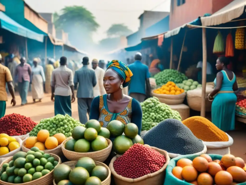 Un bullicioso mercado en África Occidental, vida y comercio en cada rincón