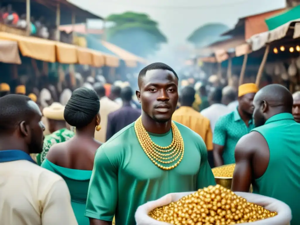 Un bullicioso mercado de oro en Ghana, con joyas, pepitas y ornamentos resplandecientes