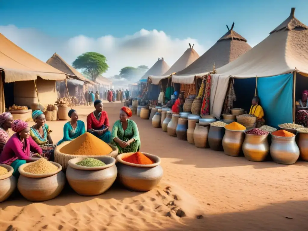 Un bullicioso mercado en un pequeño reino africano, reflejando la vitalidad y diversidad cultural