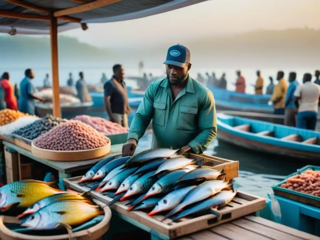 Un bullicioso mercado de pescado africano al amanecer, mostrando una amplia variedad de mariscos frescos en mesas de madera llenas de hielo