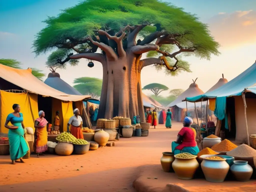 Un bullicioso mercado precolonial africano bajo baobabs, con intercambios culturales y económicos