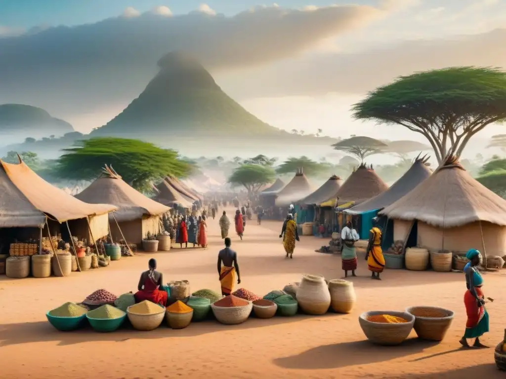 Un bullicioso mercado precolonial africano, con tribus comerciando textiles, especias y joyas en una vasta sabana