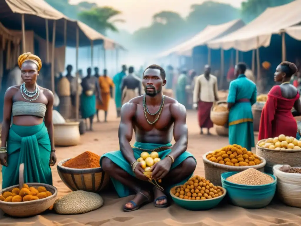 Mercado precolonial en África Central: comercio y esclavitud Un bullicioso mercado precolonial en África Central muestra el comercio de esclavos y bienes, reflejando la complejidad cultural y económica