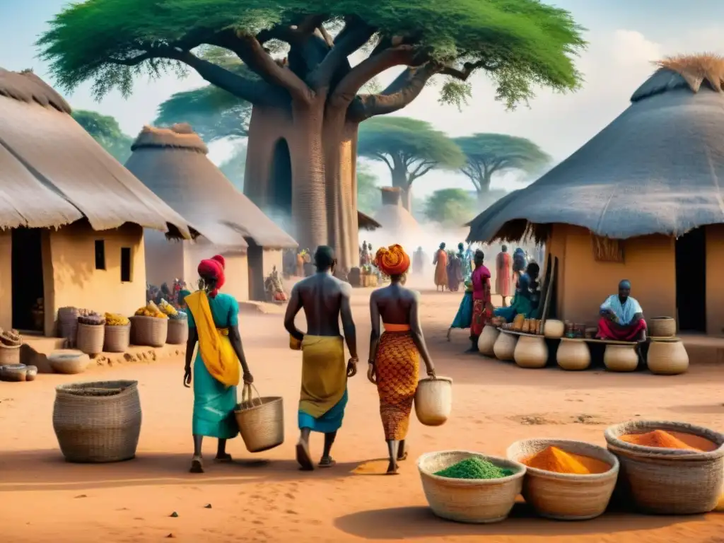 Un bullicioso mercado precolonial en un pueblo africano, con intercambio y crédito en África