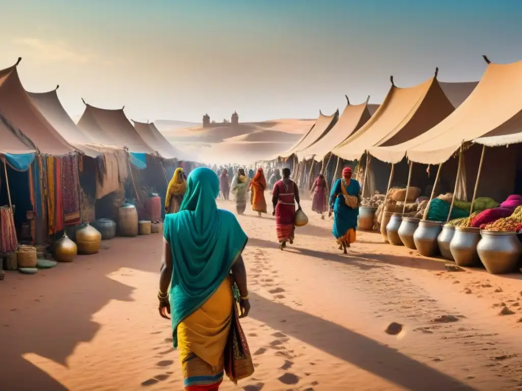 Un bullicioso mercado en un pueblo del desierto del Sáhara donde se intercambian bienes entre personas de distintos orígenes