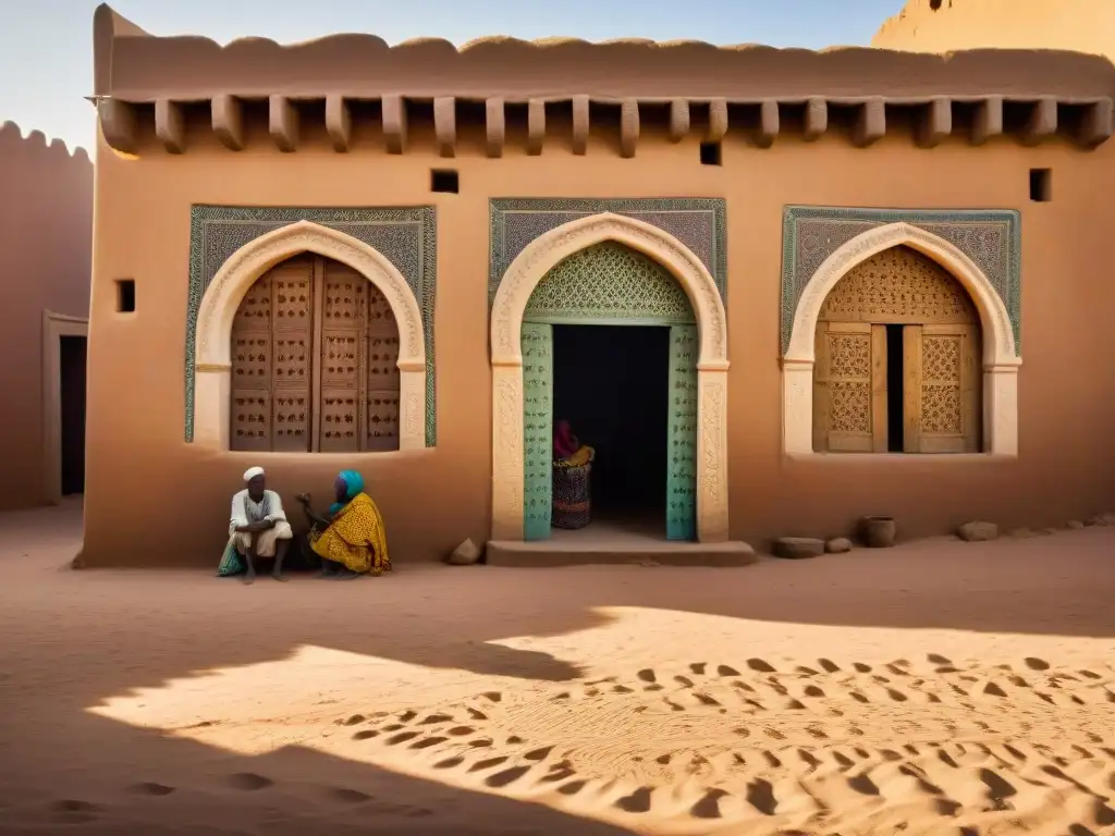 Un bullicioso mercado en la región del Sahel, reflejando la rica herencia arquitectónica y vida cotidiana en los imperios Sahelianos