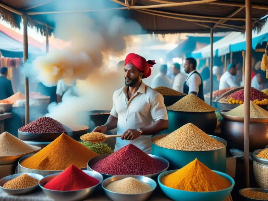 Un bullicioso mercado saheliano con especias coloridas y platos tradicionales gastronomía Sahel