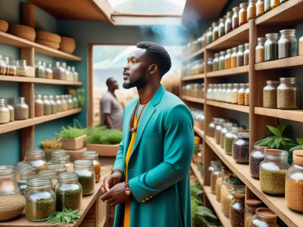 Un bullicioso mercado tradicional africano muestra hierbas y plantas coloridas usadas en la Medicina tradicional africana resurgimiento