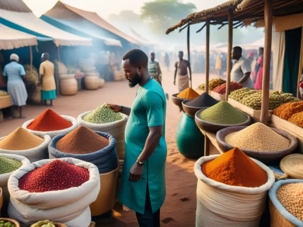 Un bullicioso mercado en África, con vendedores de especias y marfil