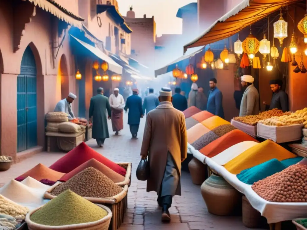 Un bullicioso mercado en Marrakech, Marruecos, con vendedores ofreciendo textiles, especias y cerámica bajo la cálida luz del atardecer