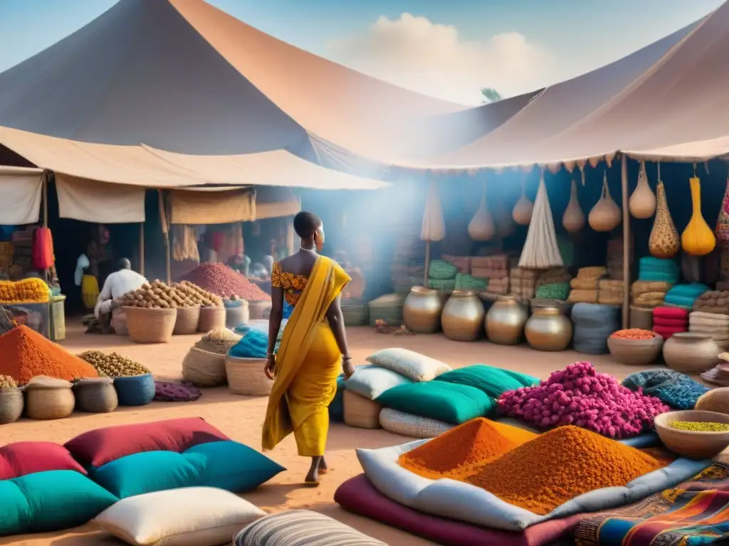 Un bullicioso mercado en África, con vendedores de textiles y especias bajo toldos coloridos