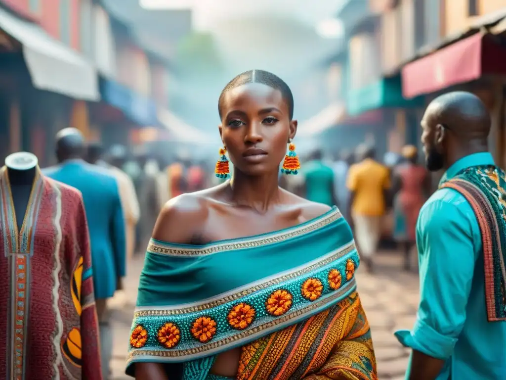 Un bullicioso mercado en una vibrante ciudad africana, con moda tradicional y moderna