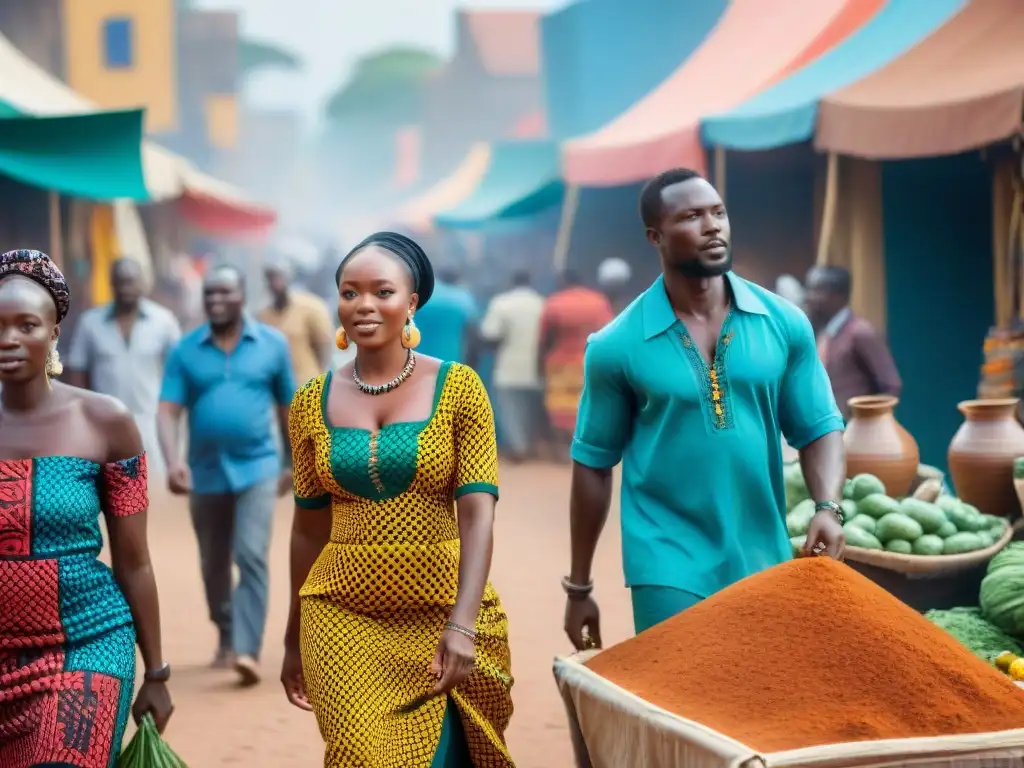 Un bullicioso mercado en una vibrante ciudad africana, con locales y turistas interactuando en un intercambio cultural