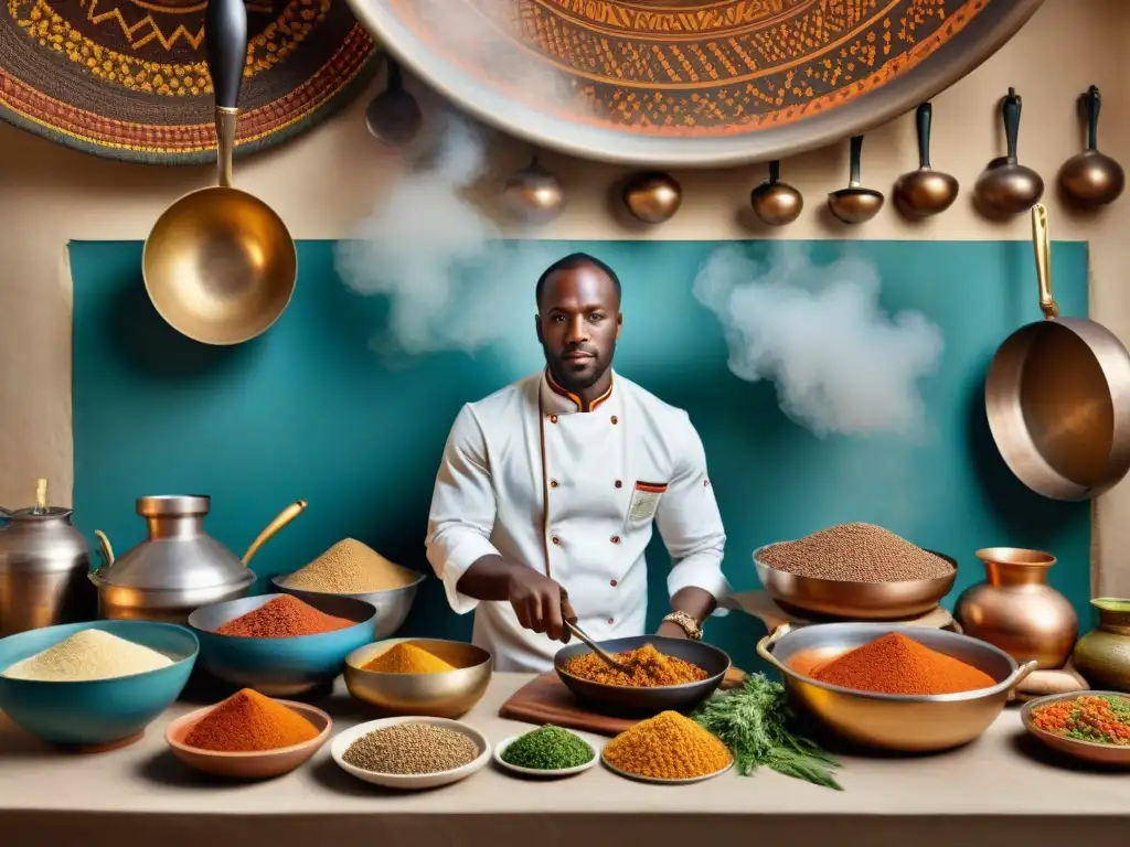 Un bullicioso retrato de una cocina africana tradicional con chefs preparando recetas históricas