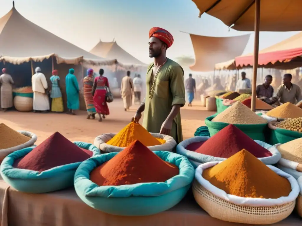 Un bullicioso y vibrante mercado en el Sahel, con especias coloridas en sacos y cestas